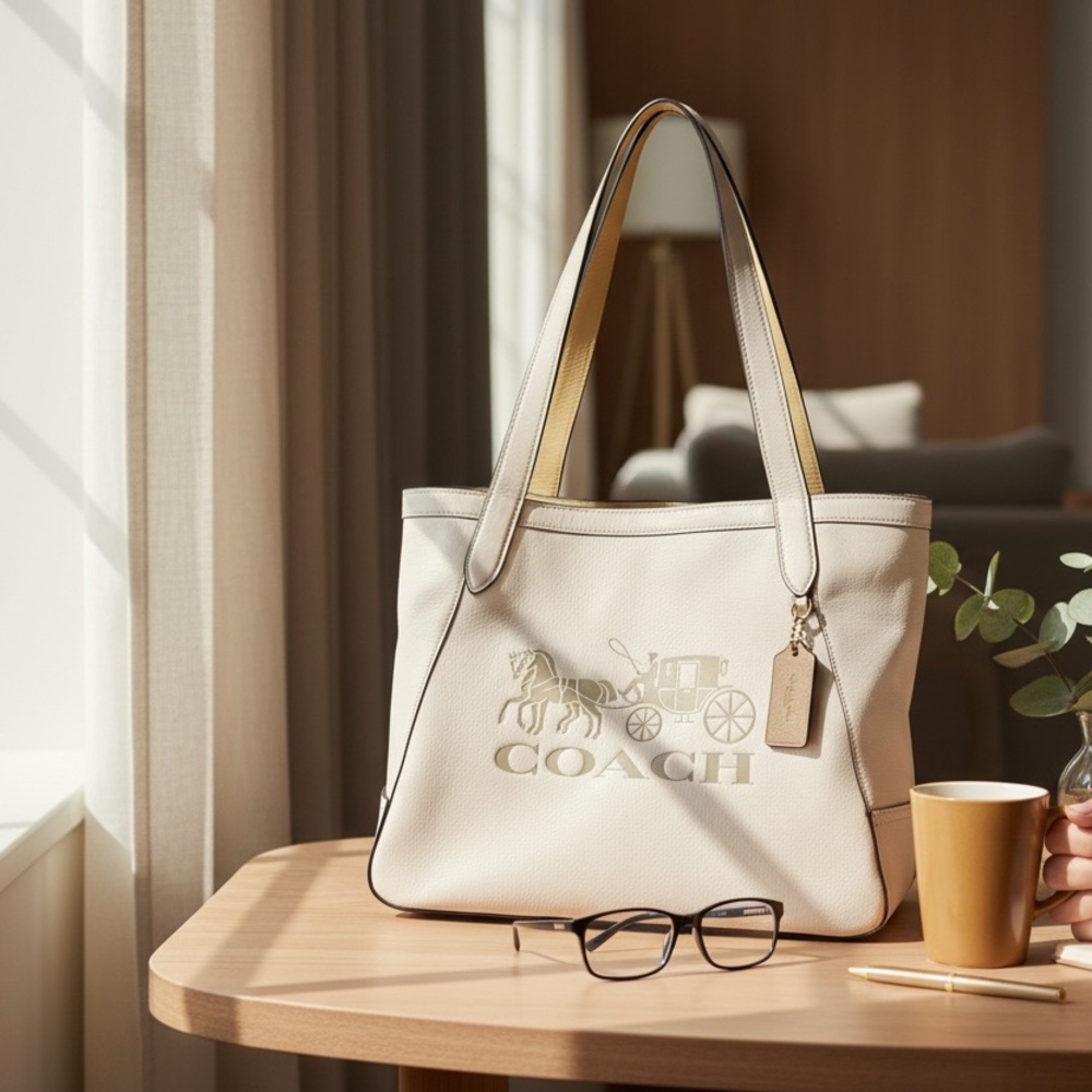 Coach Cream/Chalk Leather Tote Bag with Coach Dust Bag - Picture 13 of 16